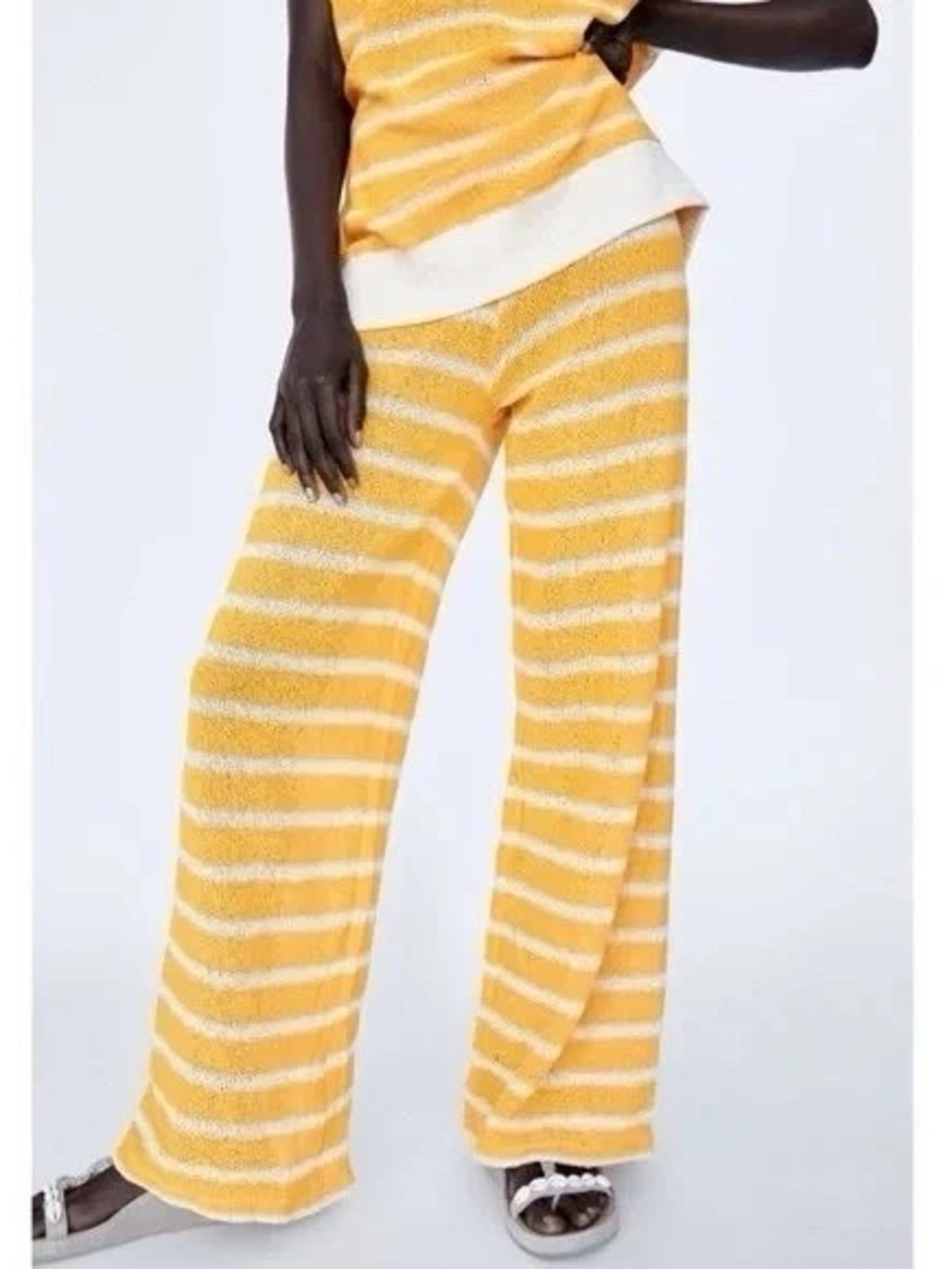 Zara Join Life Yellow Striped Knit Wide Leg Pants NWT Size L